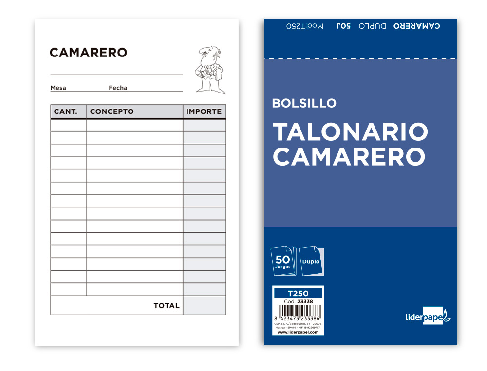 LIDERPAPEL - TALONARIO CAMARERO BOLSILLO ORIGINAL Y COPIA (Ref.T250)