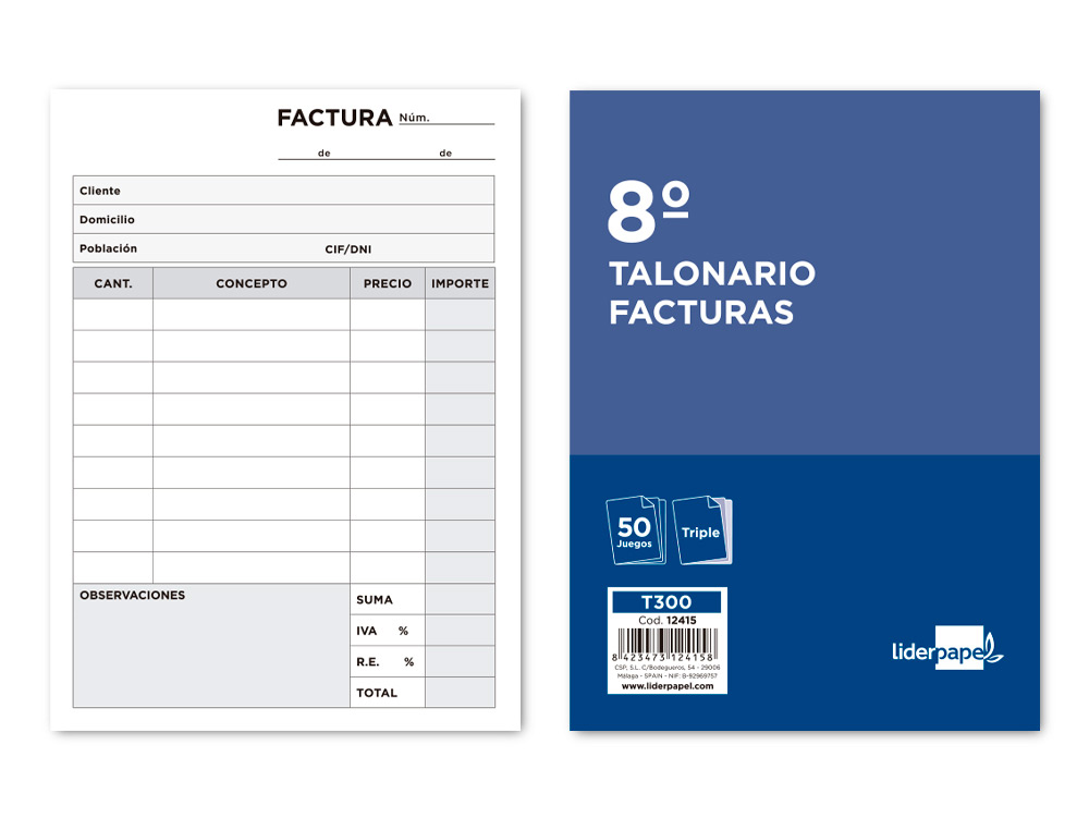 LIDERPAPEL - TALONARIO FACTURAS 8º ORIGINAL Y 2 COPIAS CON I.V.A. (Ref.T300)