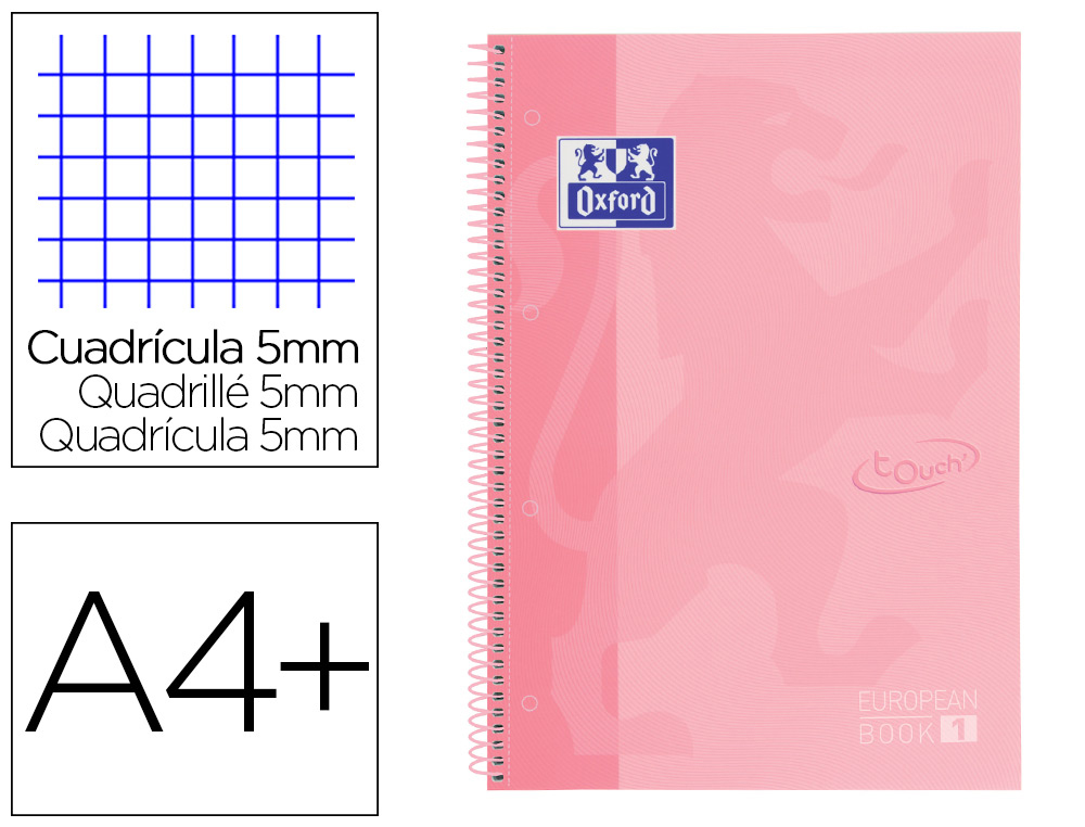 OXFORD - Cuaderno espiral ebook 1 school touch te din a4+ 80 hojas cuadro 5 mm con margen flamingo pastel (Ref. 400117272)