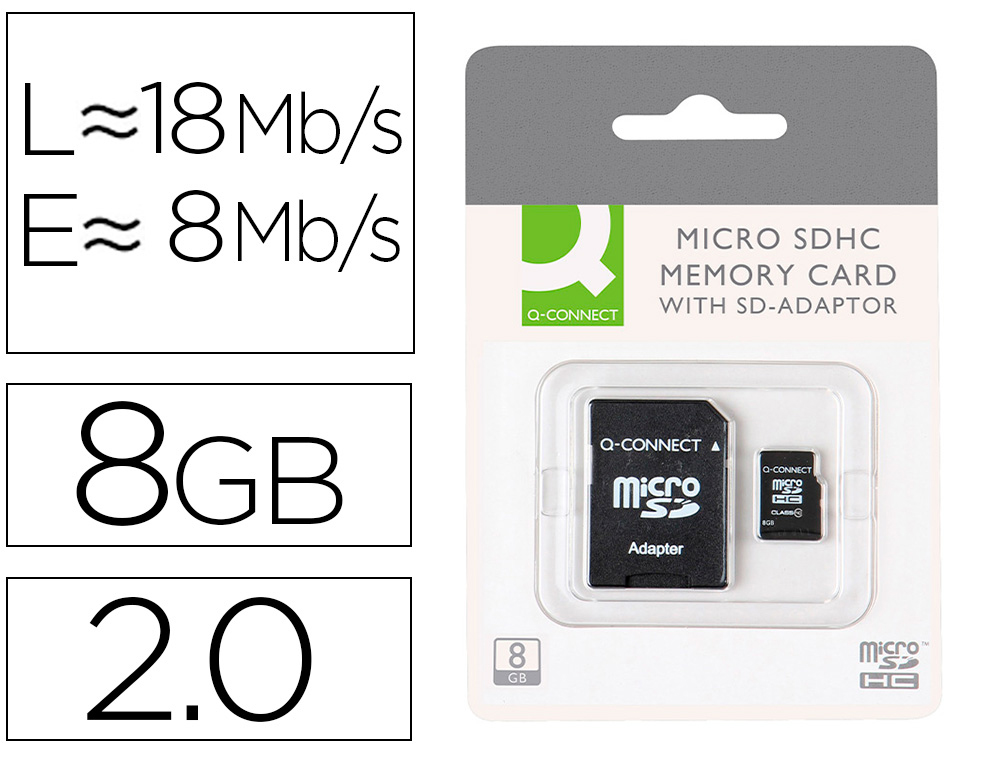 Q-CONNECT - MEMORIA SD MICRO FLASH 8 GB CLASE 4 CON ADAPTADOR (CANON L.P.I. 0,24€ Incluido) (Ref.KF16011)