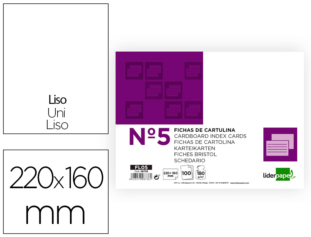 LIDERPAPEL - FICHA LISA Nº5 160X220MM PAQUETE DE 100 180G (Ref.FL05)