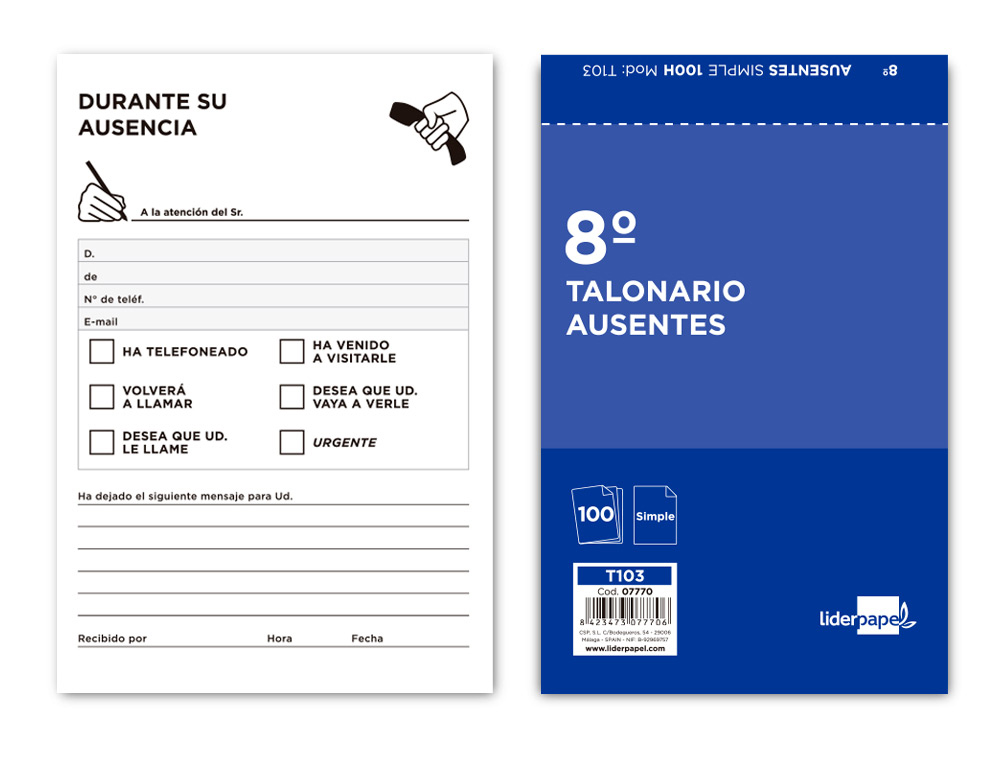 LIDERPAPEL - TALONARIO AUSENTES OCTAVO 103 (Ref.T103)