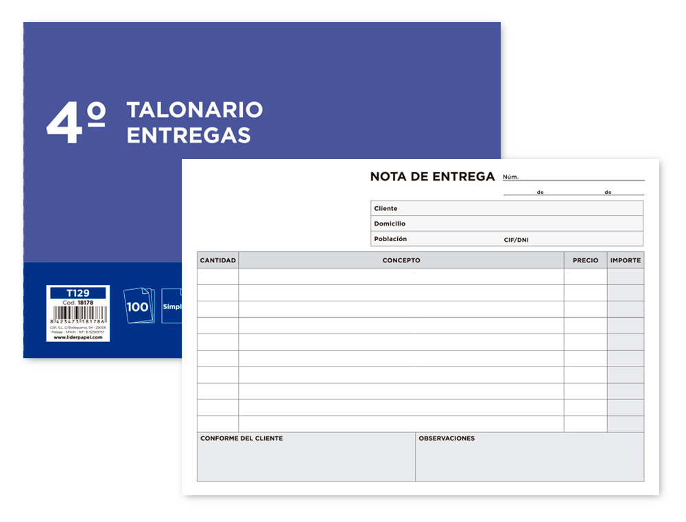 LIDERPAPEL - TALONARIO ENTREGAS CUARTO ORIGINAL APAISADO (Ref.T129)