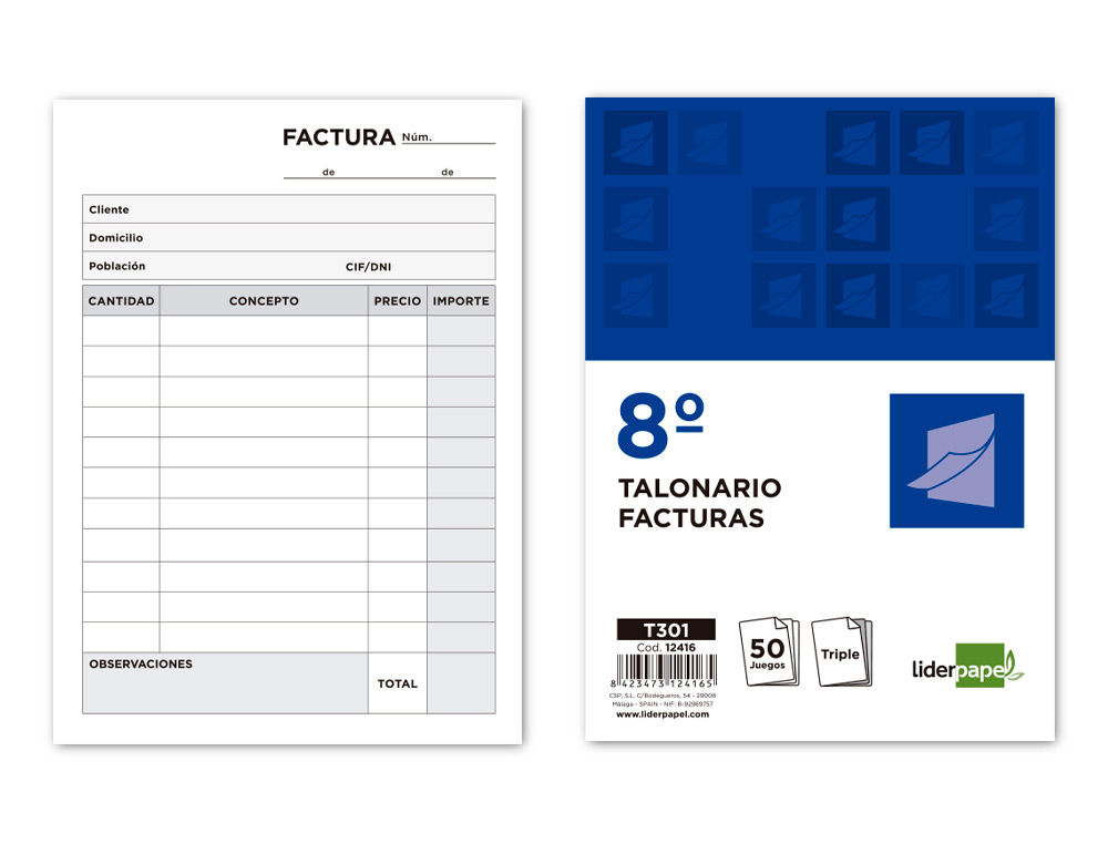 LIDERPAPEL - TALONARIO FACTURAS 8º ORIGINAL Y 2 COPIAS SIN I.V.A. (Ref.T301)