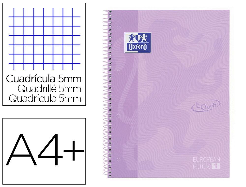 OXFORD - Cuaderno espiral ebook 1 school touch te din a4+ 80 hojas cuadro 5 mm con margen malva pastel (Ref. 400117273)