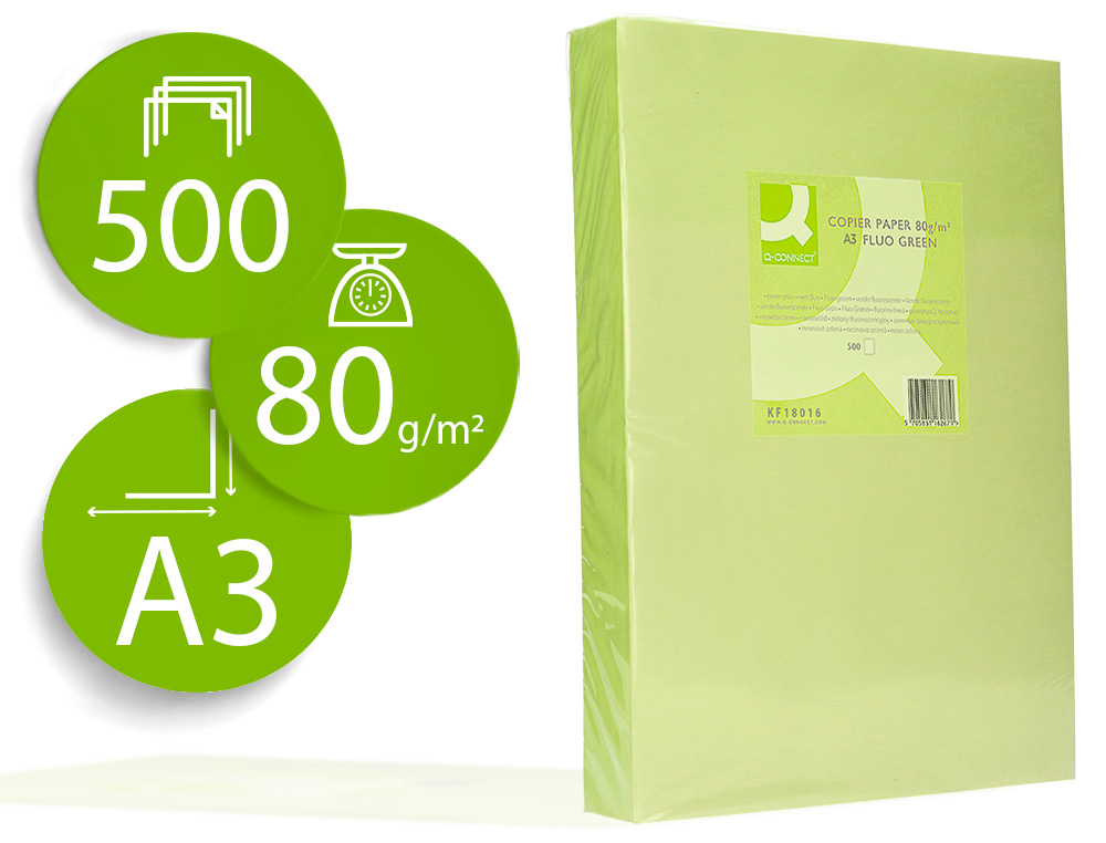 Q-CONNECT - PAPEL COLOR DIN A3 80GR VERDE NEON PAQUETE DE 500 HOJAS (Ref.KF18016)