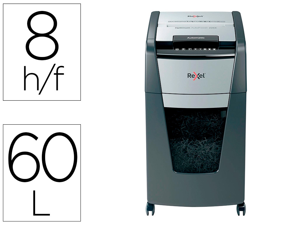 REXEL - Destructora AUTOMATICA de documentos OPTIMUN AUTOFEED+ 225X - 10h/225h - Nivel Seguridad P4 - Partículas de 4x25mm - DEPOSITO 60L (Ref. 2020225XEU)