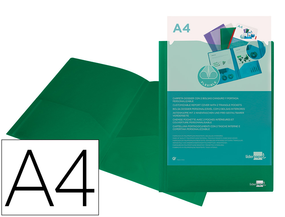 LIDERPAPEL - CARPETA DOSSIER DOS BOLSAS CANGURO 45683 POLIPROPILENO DIN A4 VERDE (Ref.KG03)