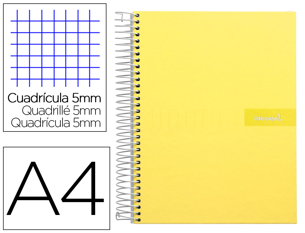 LIDERPAPEL - Cuaderno espiral A4 micro crafty tapa forrada 120h 90gr cuadro 5mm 5 bandas 4 taladros color amarillo (Ref. BA89)