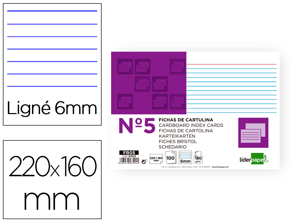 LIDERPAPEL - FICHA RAYADA Nº5 160X220MM PAQUETE DE 100 180G (Ref.FR05)