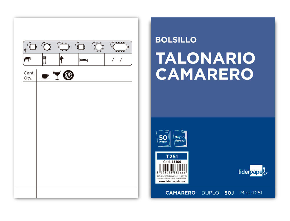 LIDERPAPEL - TALONARIO CAMARERO BOLSILLO ORIGINAL Y COPIA ZIG ZAG (Ref.T251)
