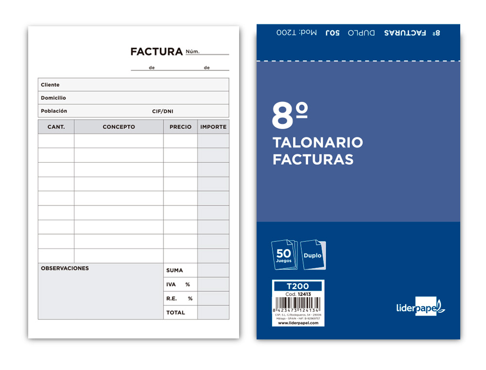 LIDERPAPEL - TALONARIO FACTURAS 8º ORIGINAL Y COPIA CON I.V.A (Ref.T200)