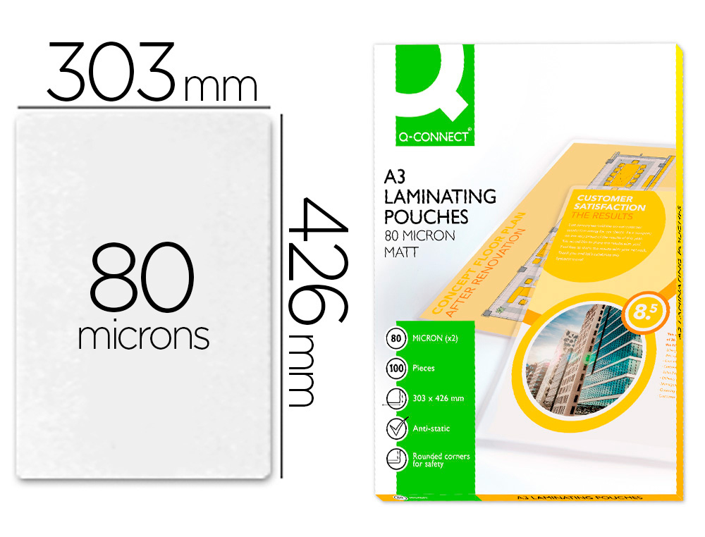 Q-CONNECT - BOLSA DE PLASTIFICAR 303 X 426 MM 80 MC DIN A3 MATE CAJA DE 100 UNIDADES (Ref.KF18063)