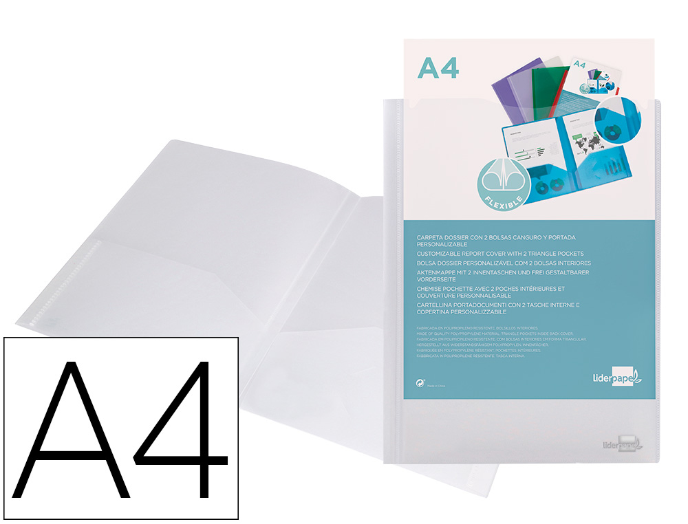 LIDERPAPEL - CARPETA DOSSIER DOS BOLSAS CANGURO 45684 POLIPROPILENO DIN A4 TRANSPARENTE (Ref.KG04)