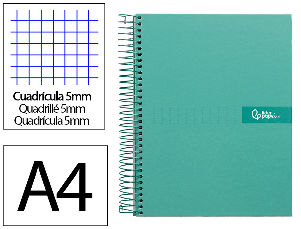 LIDERPAPEL - Cuaderno espiral A4 micro crafty tapa forrada 120h 90gr cuadro 5mm 5 bandas 4 taladros color turquesa (Ref. BA91)