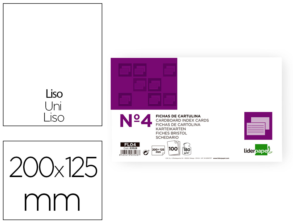 LIDERPAPEL - FICHA LISA Nº4 125X200MM PAQUETE DE 100 180G (Ref.FL04)