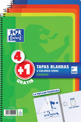 OXFORD - BLOCK SCHOOL tapa BLANDA Fº 80h CUADRIC.4x4 PACK 4+1 (col. vivos) (Ref.400027271)