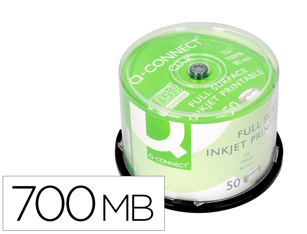 Q-CONNECT - CD-R CON SUPERFICIE 100% IMPRIMIBLE PARA INKJET CAPACIDAD 700MB DURACION 80MIN VELOCIDAD 52X BOTE DE 50 UNID (CANON L.P.I. 4€ Incluido) (Ref.KF18020)