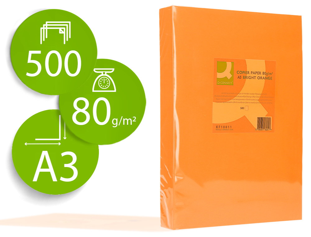 Q-CONNECT - PAPEL COLOR DIN A3 0GR NARANJA INTENSO PAQUETE DE 500 HOJAS (Ref.KF18011)