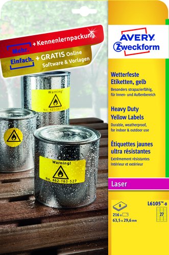 AVERY - Etiqueta adhesiva poliester amarillo fluorescente 63,5x29,6 mm pack de 8 unidades (Ref. L6105-8)