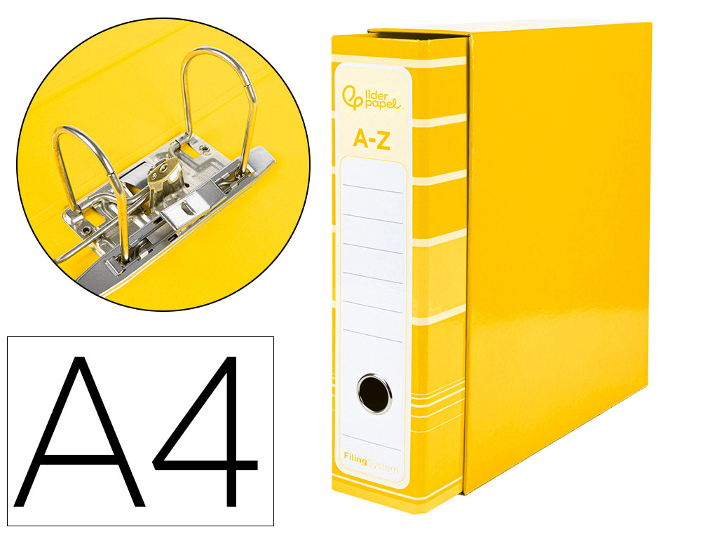 LIDERPAPEL - ARCHIVADOR DE PALANCA A4 FILING SYSTEM FORRADO SIN RADO LOMO 80MM AMARILLO CON CAJA Y COMPRESOR METAL (Ref.AZ13)