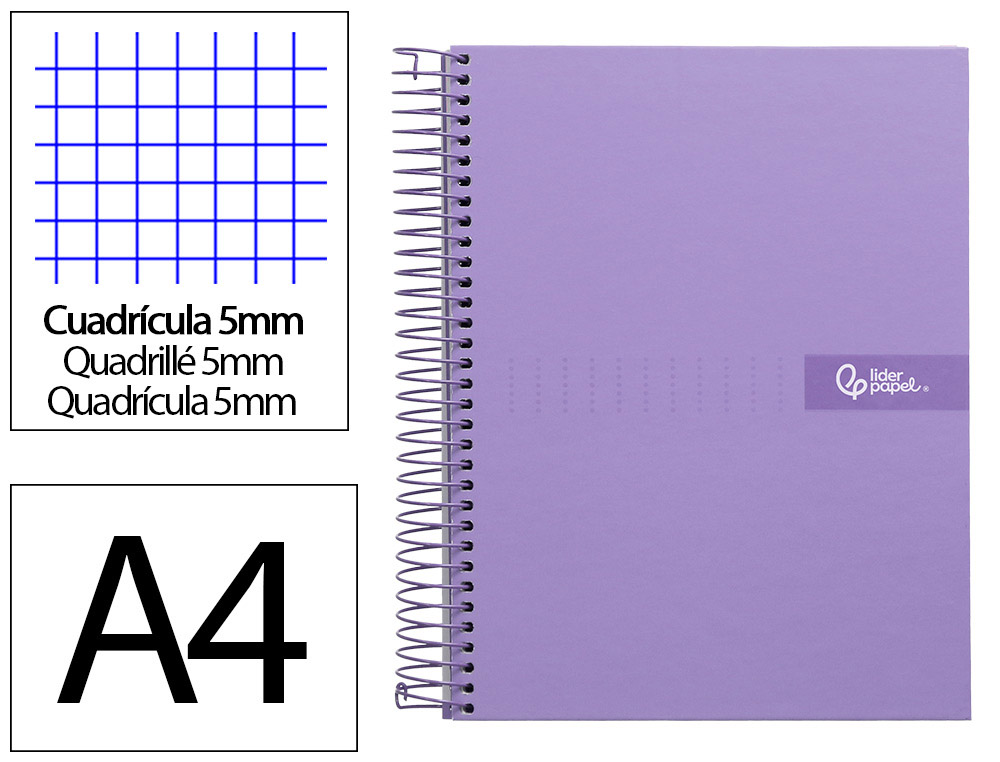LIDERPAPEL - Cuaderno espiral A4 micro crafty tapa forrada 120h 90gr cuadro 5mm 5 bandas 4 taladros color violeta (Ref. BA92)