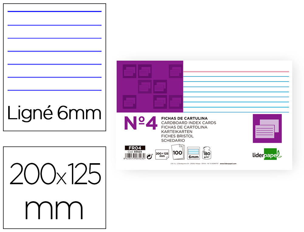 LIDERPAPEL - FICHA RAYADA Nº4 125X200MM PAQUETE DE 100 180G (Ref.FR04)
