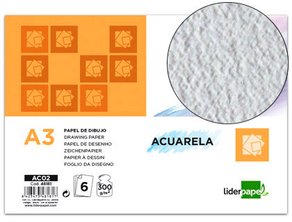 LIDERPAPEL - PAPEL DIBUJO 297X420MM 300G/M2 ACUARELA PACK DE 6 (Ref.AC02)