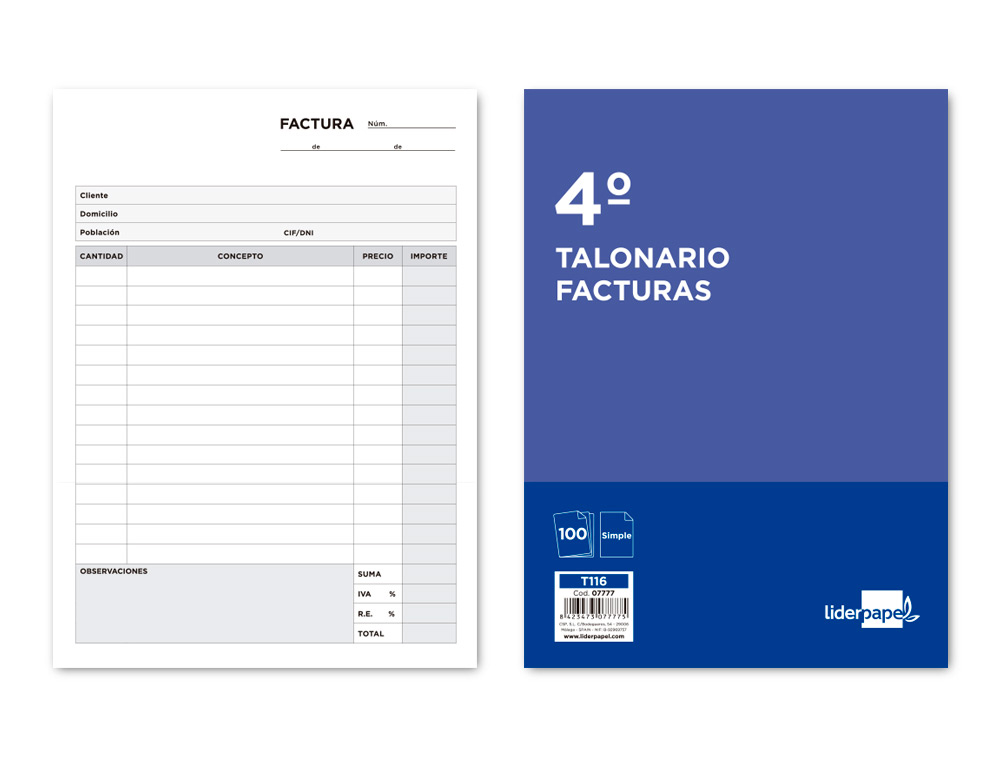 LIDERPAPEL - TALONARIO FACTURAS CUARTO -CON IVA- 116 (Ref.T116)