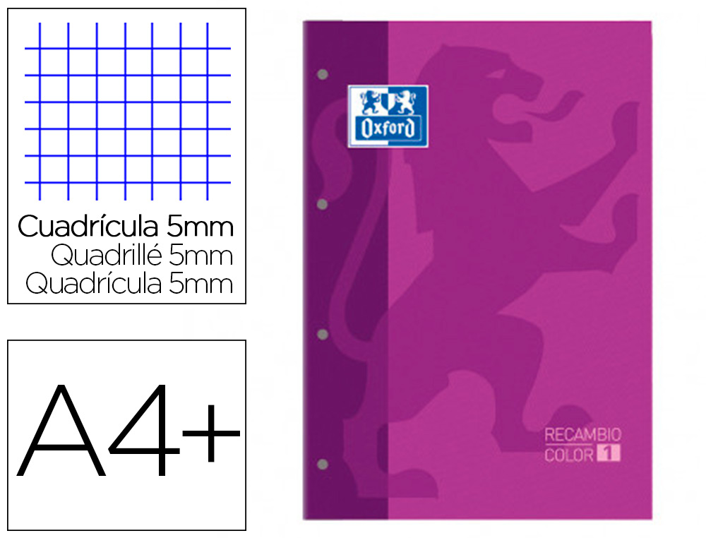 OXFORD - Recambio color 1 din a4+ 80 hojas 90 gr cuadro 5 mm 4 taladros color morado (Ref. 400123682)
