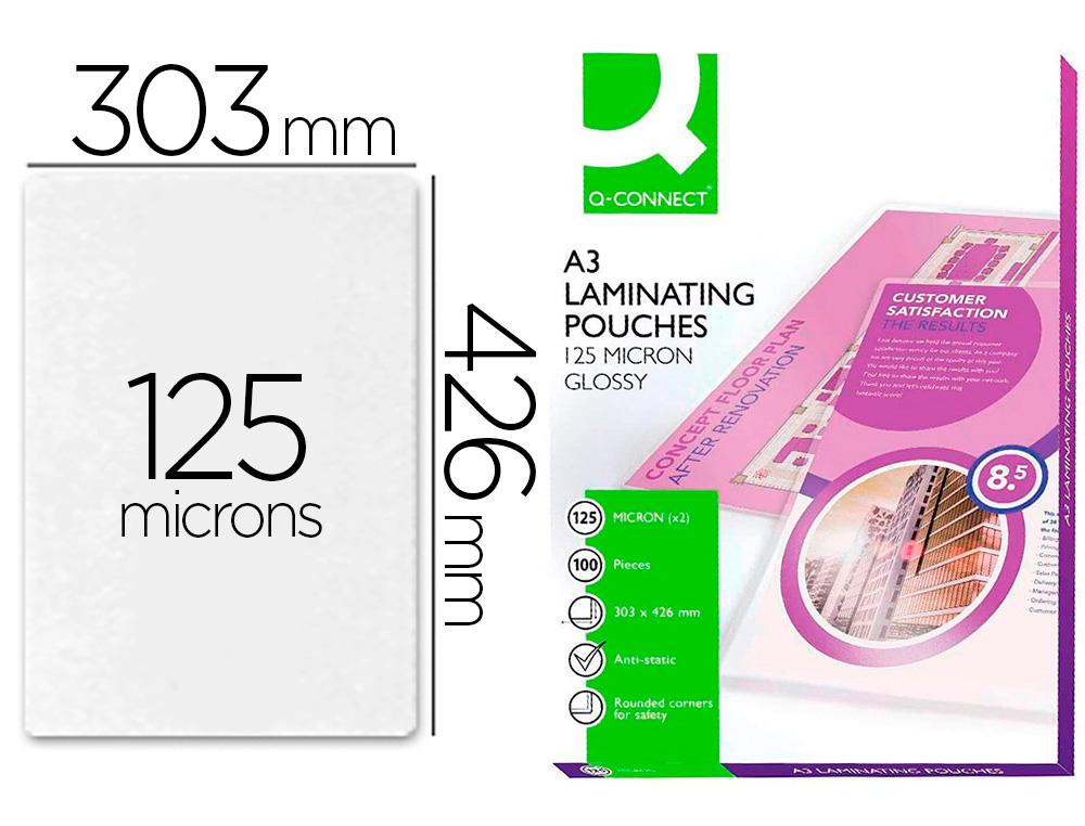 Q-CONNECT - BOLSA DE PLASTIFICAR 303 X 426 MM 125 MC DIN A3 CAJA DE 100 UNIDADES (Ref.KF04124)