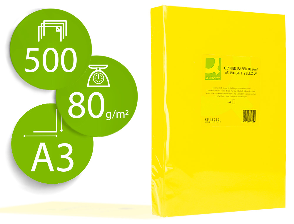Q-CONNECT - PAPEL COLOR DIN A3 80GR AMARILLO INTENSO PAQUETE DE 500 HOJAS (Ref.KF18010)