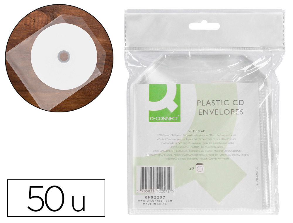 Q-CONNECT - SOBRE PARA CD POLIPROPILENO CON SOLAPA -PACK DE 50 UNIDADES (Ref.KF02207)
