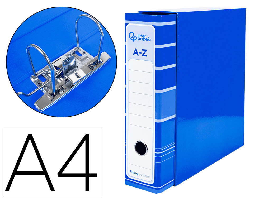LIDERPAPEL - ARCHIVADOR DE PALANCA A4 FILING SYSTEM FORRADO SIN RADO LOMO 80MM AZUL CON CAJA Y COMPRESOR METALICO (Ref.AZ14)