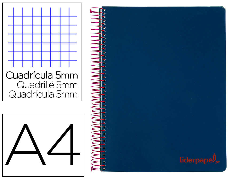 LIDERPAPEL - Cuaderno espiral A4 micro wonder tapa plastico 120h 90 gr cuadro 5 mm 5 bandA4 taladros color azul marino (Ref. BA86)