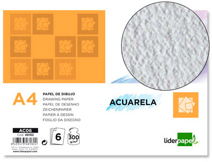 LIDERPAPEL - PAPEL DIBUJO 210X297MM 300G/M2 ACUARELA PACK DE 6 (Ref.AC06)