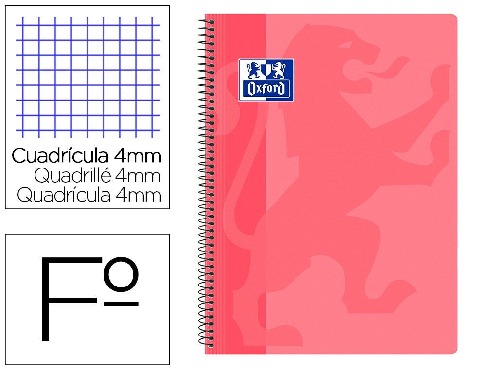 OXFORD - Cuaderno espiral school classic tapa polipropileno folio 80 hojas cuadro 4 mm con margen rosa (Ref. 400106964)