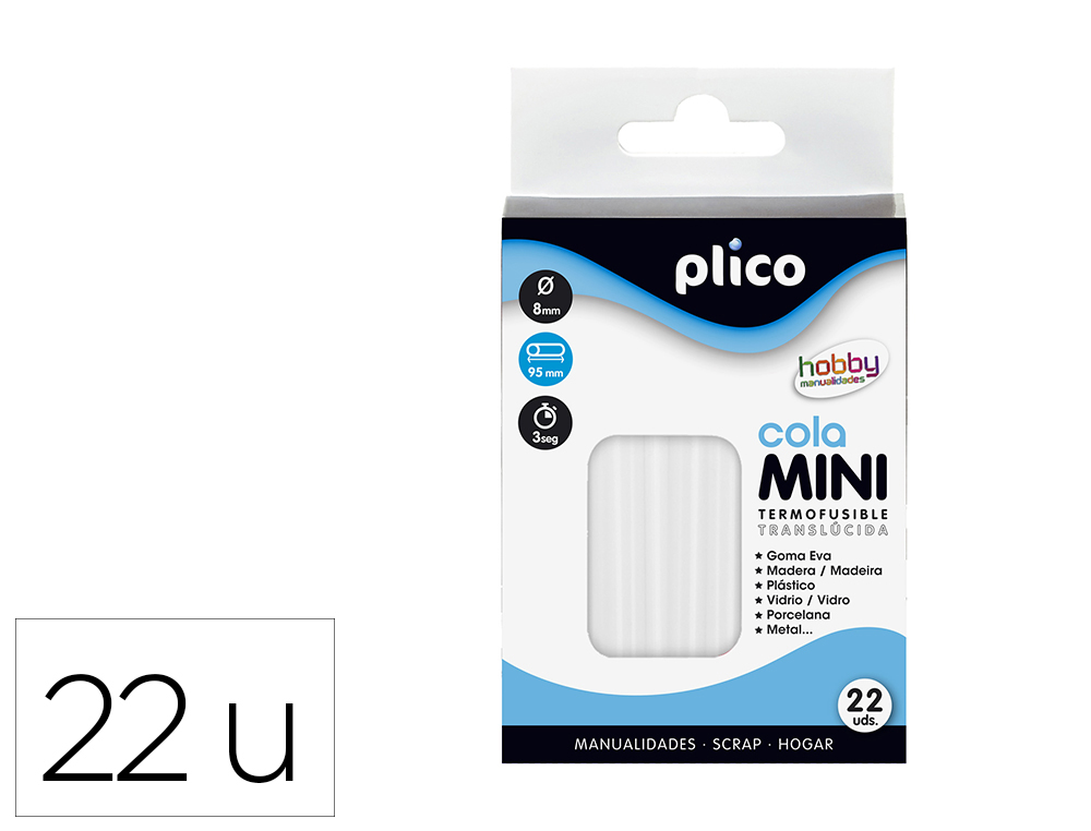 PLICO - Barra termofusible mini translucida 8 mm de diamero x 100 mm de alto blister 22 unidades (Ref. 1641)