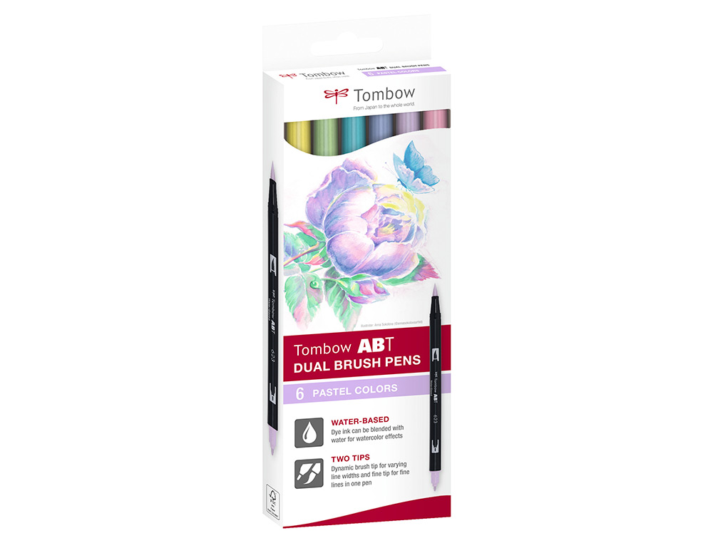 TOMBOW - Estuche 6 rotuladores Dual Brush doble punta pincel. Colores pastel. (Ref.ABT-6P-2)