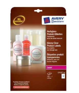 AVERY - Etiqueta adhesiva brillante invisible redonda para impresora laser 60 mm caja de 120 (Ref. L7127-10)