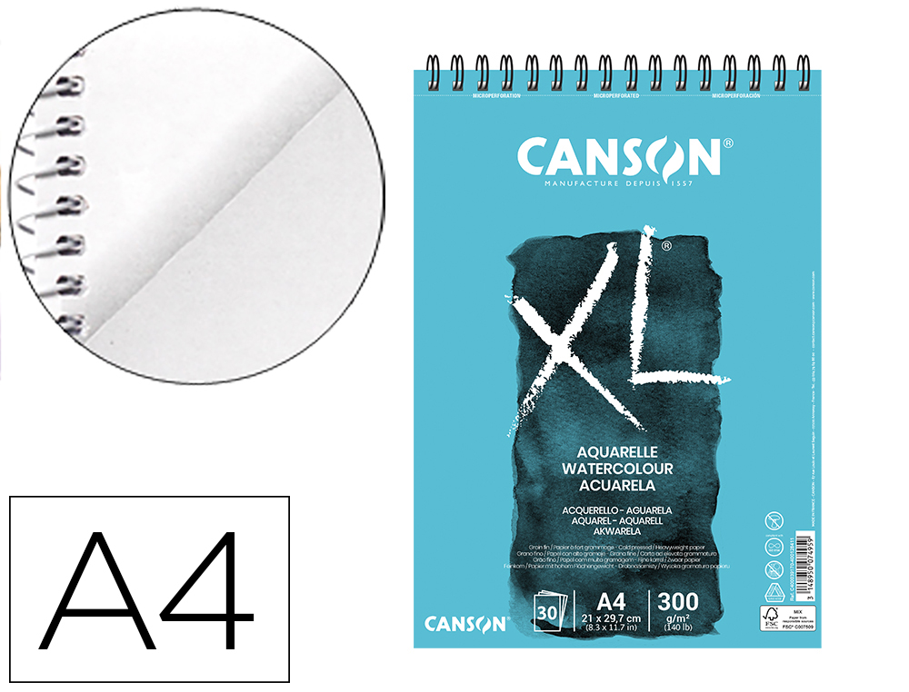 CANSON - BLOC DIBUJO ACUARELA XL AQUARELLE GRANO FINO DIN A4 MICROPERFORADO ESPIRAL 21X29,7 CM 30 HOJAS 300 GR (Ref.400039170)