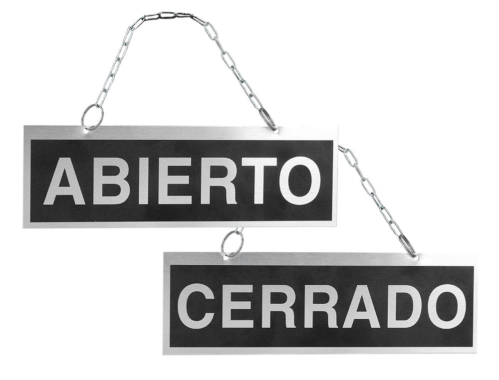 LETRERO METALICO SERIGRAFIADO ABIERTO Y CERRADO CON CADENA Y VENTOSA PARA COLGAR DE 74X232 MM (Ref.111)