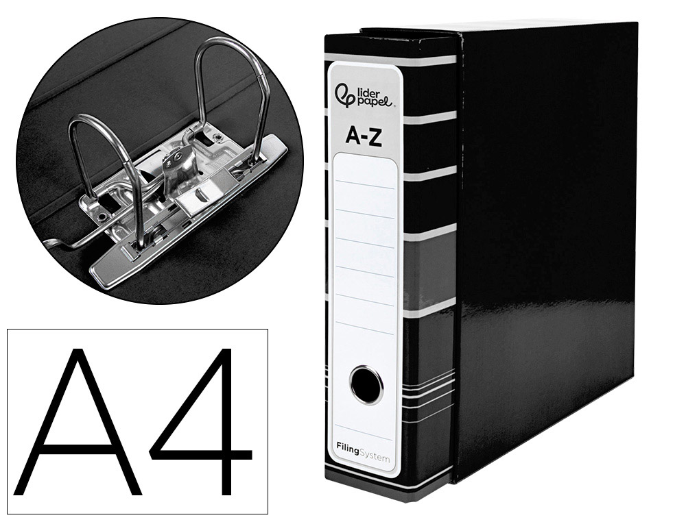 LIDERPAPEL - ARCHIVADOR DE PALANCA A4 FILING SYSTEM FORRADO SIN RADO LOMO 80MM NEGRO CON CAJA Y COMPRESOR METALICO (Ref.AZ15)
