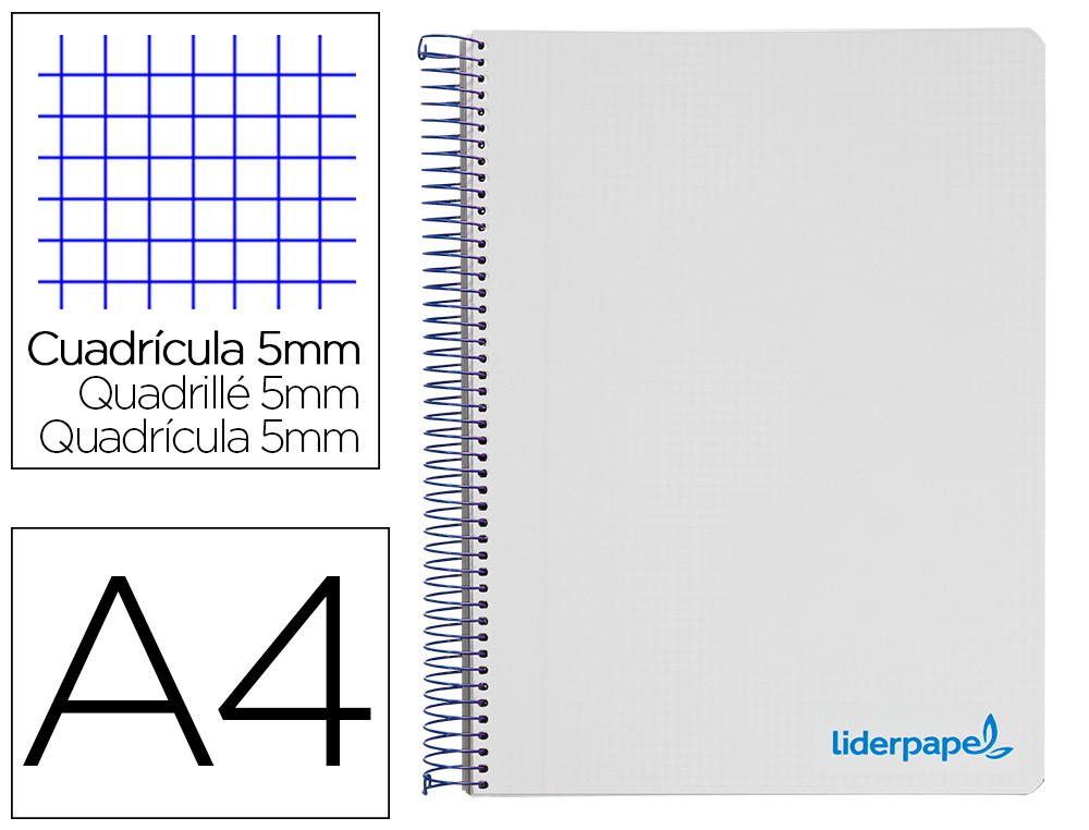 LIDERPAPEL - Cuaderno espiral A4 micro wonder tapa plastico 120h 90 gr cuadro 5 mm 5 bandas 4 taladros color gris (Ref. BA87)