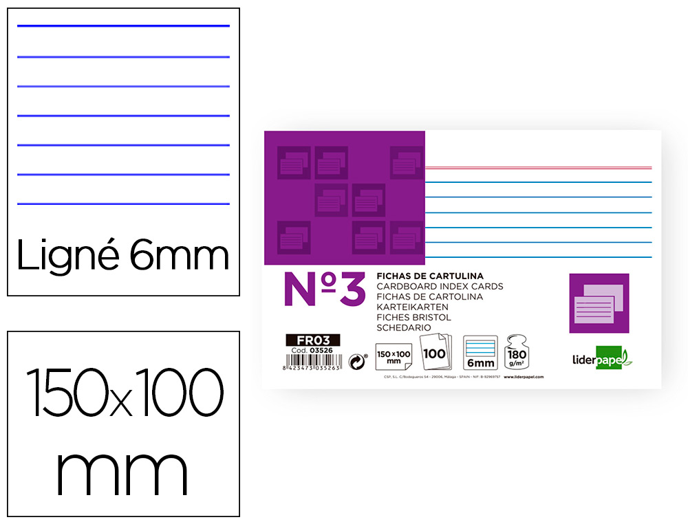 LIDERPAPEL - FICHA RAYADA Nº3 100X150MM PAQUETE DE 100 180G (Ref.FR03)