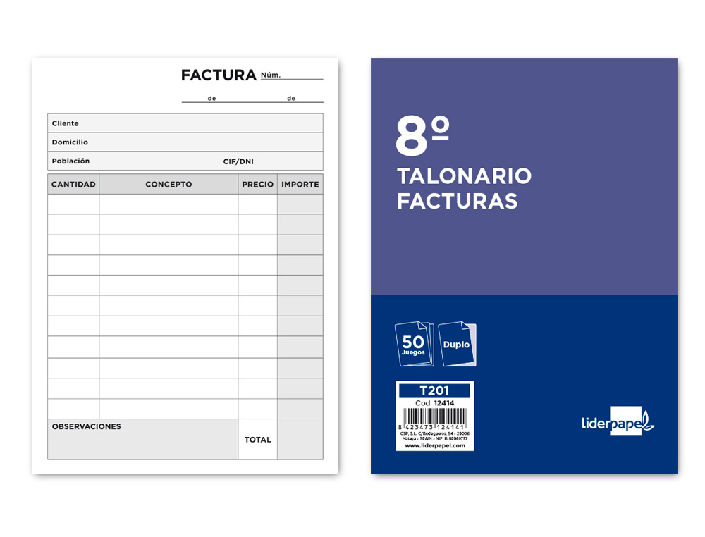 LIDERPAPEL - TALONARIO FACTURAS 8º ORIGINAL Y COPIA SIN I.V.A. (Ref.T201)