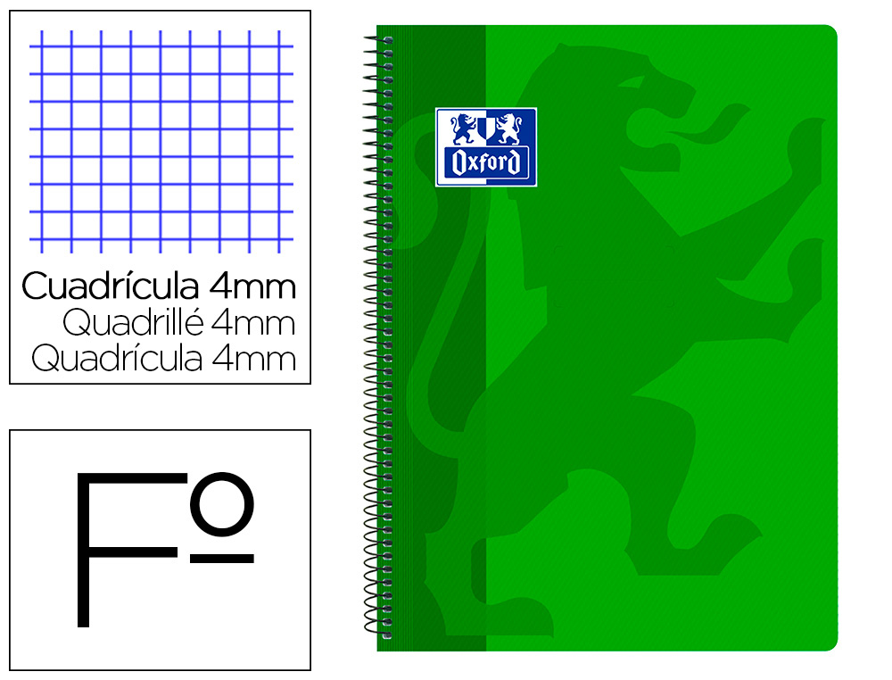 OXFORD - Cuaderno espiral school classic tapa polipropileno folio 80 hojas cuadro 4 mm con margen verde (Ref. 400079661)