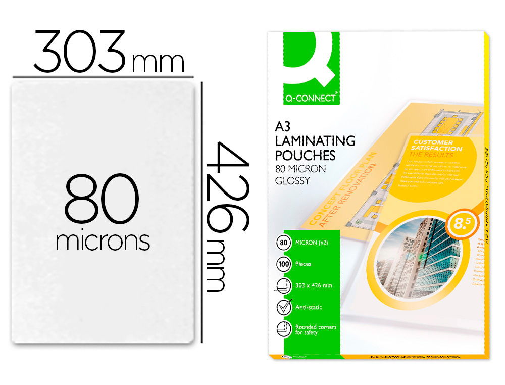 Q-CONNECT - BOLSA DE PLASTIFICAR 303 X 426 MM 80 MC DIN A3 CAJA DE 100 UNIDADES (Ref.KF04122)