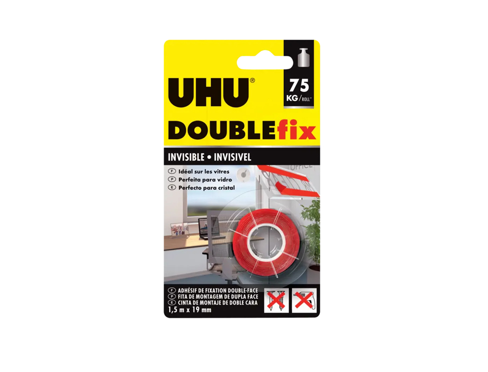 UHU - Cinta adhesiva doublefix invisible doble cara extra fuerte 1,5 mt x 19 mm (Ref. 44868)