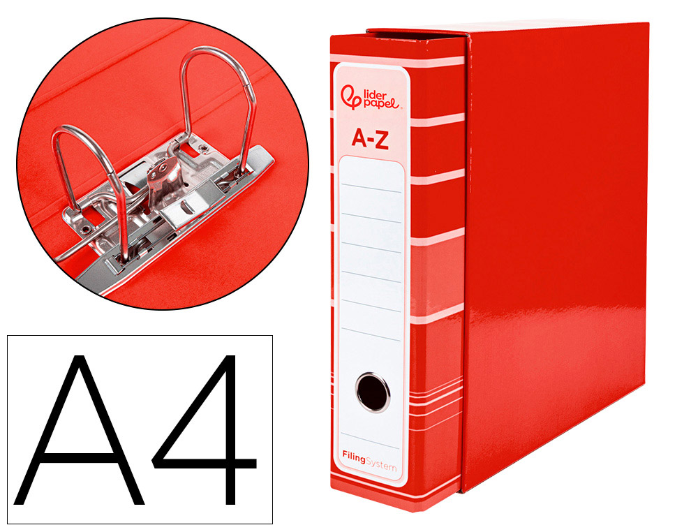 LIDERPAPEL - ARCHIVADOR DE PALANCA A4 FILING SYSTEM FORRADO SIN RADO LOMO 80MM ROJOCON CAJA Y COMPRESOR METALICO (Ref.AZ16)